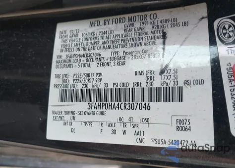 2012 Ford Fusion Se z USA, uszkodzony, nr VIN 3FAHP0HA4CR307046